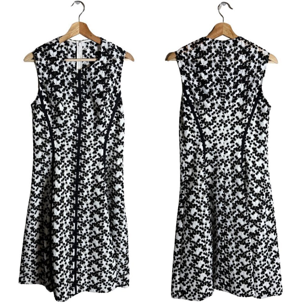 Lela Rose Lace Fit & Flare Knee Length Dress Women's 6 White Black Designer Chic